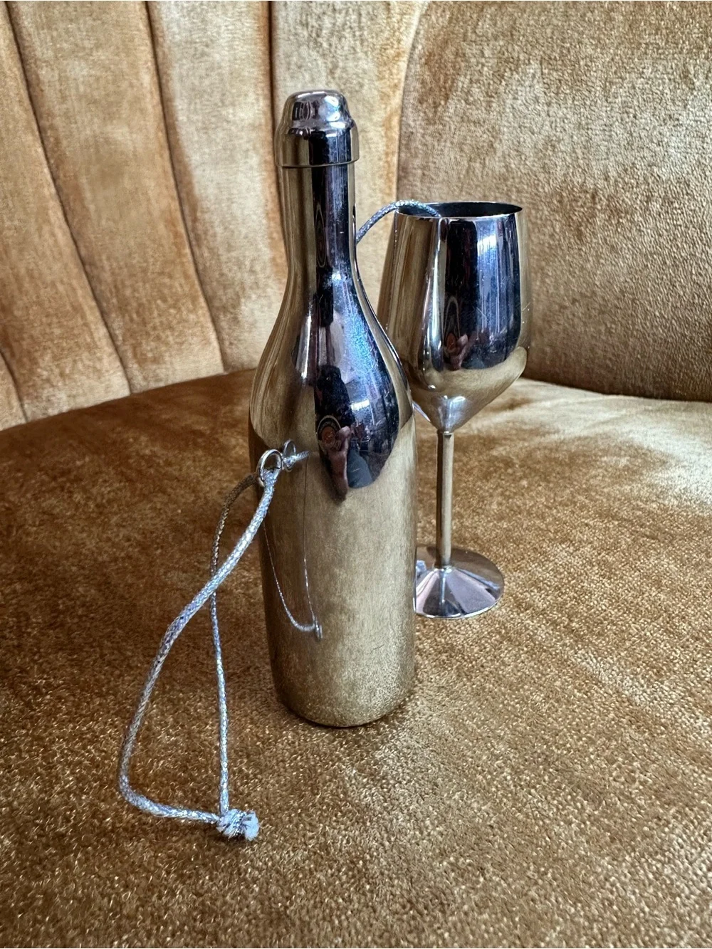 Crate&Barrel Silver Metallic Wine Bottle and Goblet Glass Ornaments